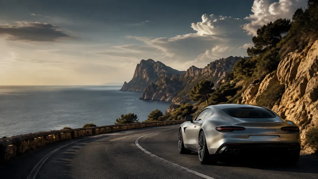 Un coche en una carretera junto al mar al atardecer