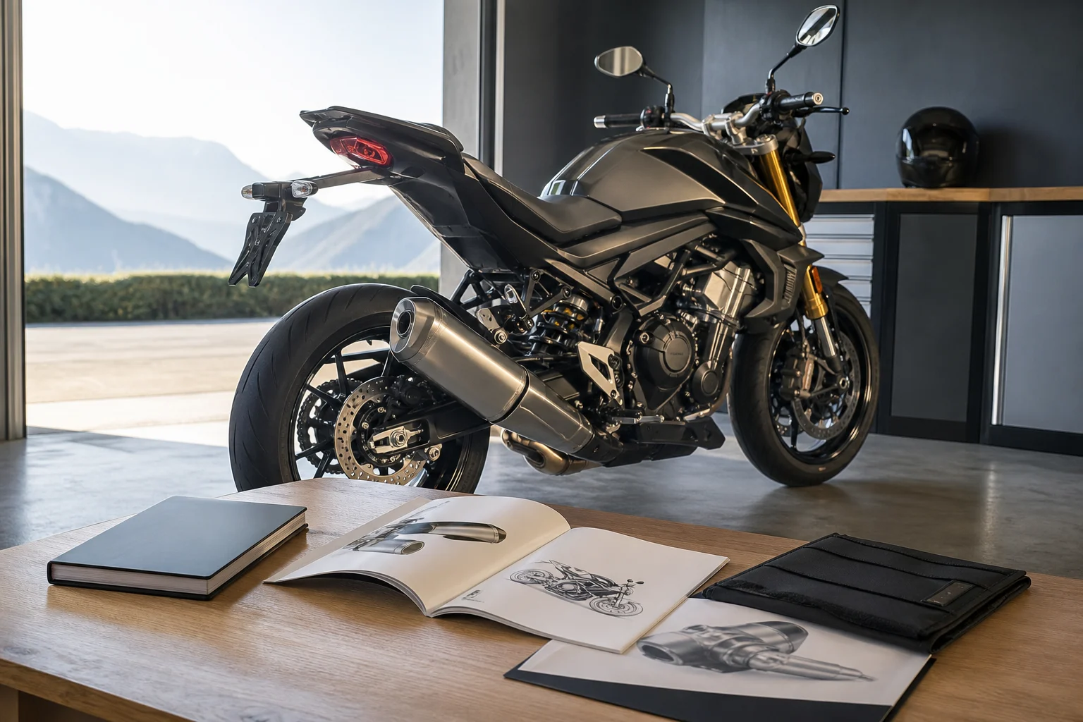 Motocicleta estacionada junto a su escape, ficha técnica y documentos de homologación sobre una mesa