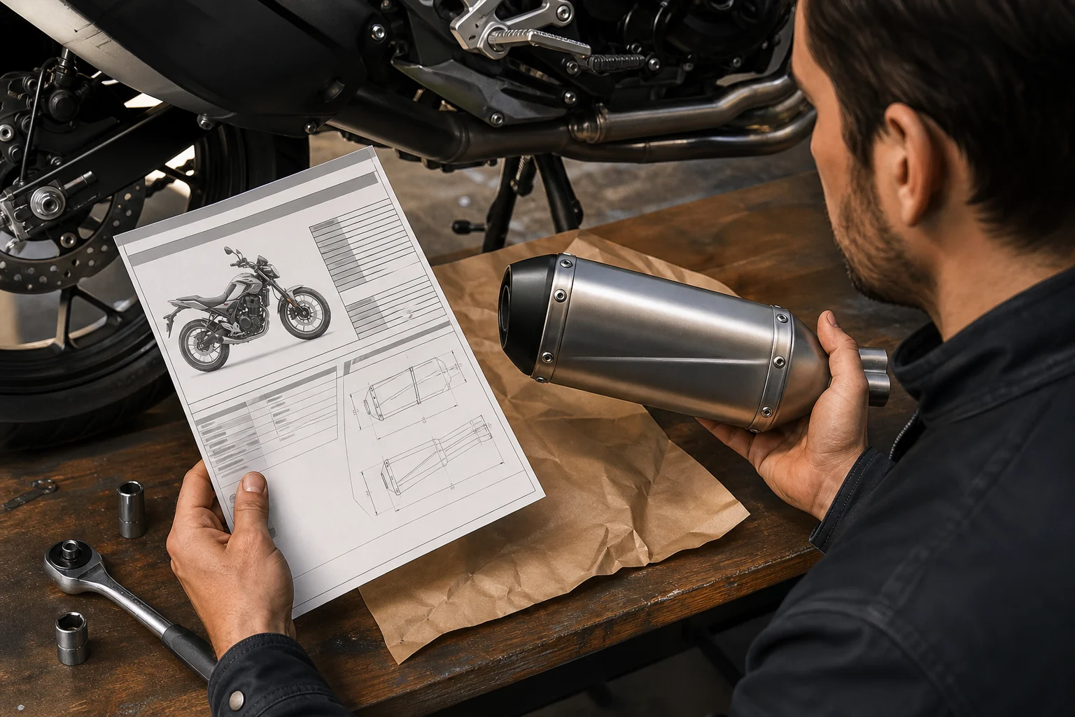 Ficha técnica junto a un silenciador de moto con una persona comprobando referencias