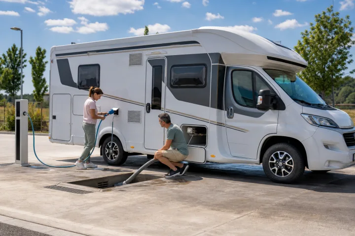 Autocaravana junto a una estación de servicio para llenar agua y vaciar depósitos, con mangueras y señalización visible