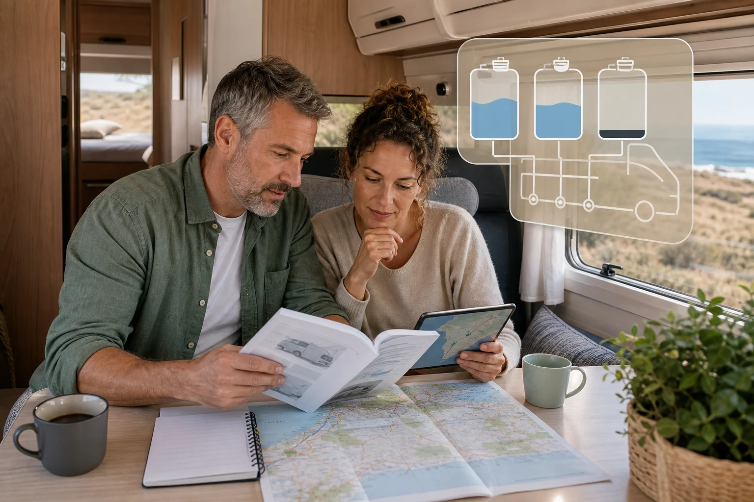 Dos viajeros revisan el manual y planifican puntos de agua dentro de una autocaravana