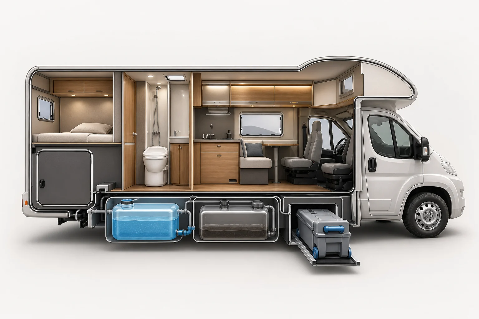 Esquema visual de una autocaravana con depósitos de agua limpia, aguas residuales y cassette de inodoro