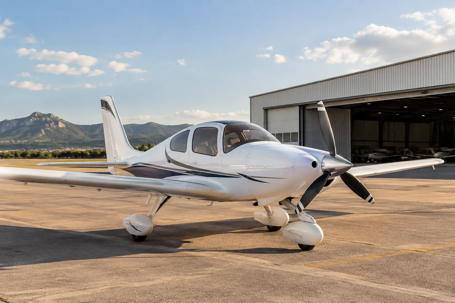Avión ligero estacionado junto a un hangar en un aeródromo.