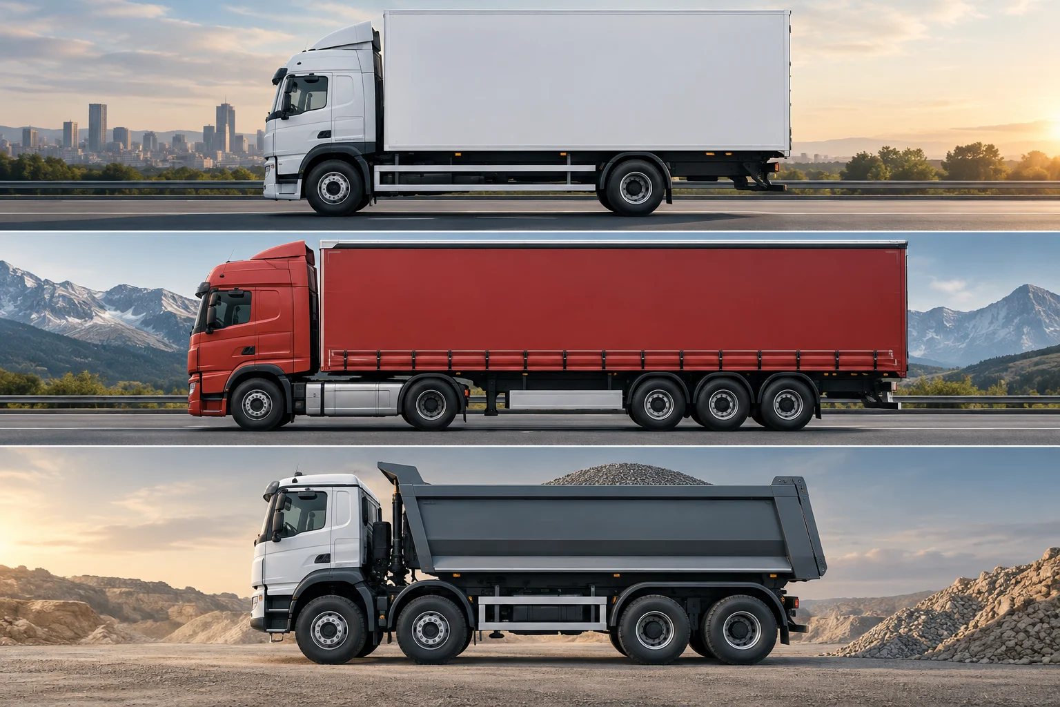 Tres camiones genéricos de perfil con distintas configuraciones de ejes