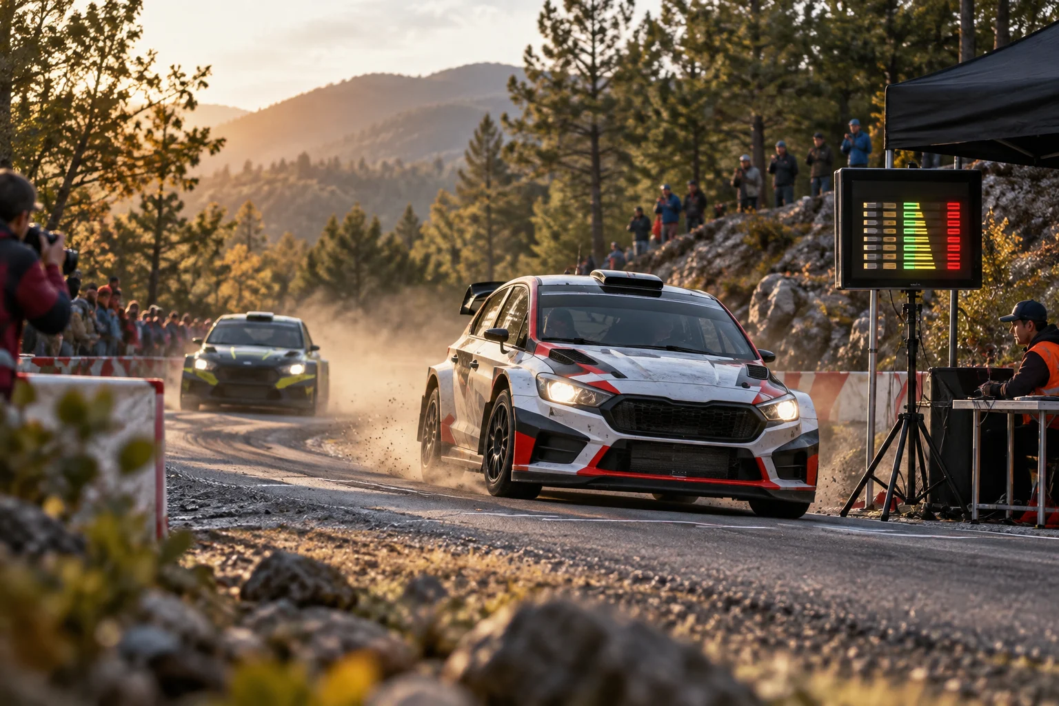 Dos coches de rally recorren una especial cronometrada mientras un panel muestra tiempos y diferencias.