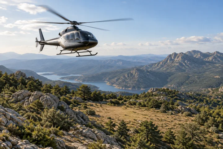 Helicóptero volando sobre una zona montañosa sin pista cercana