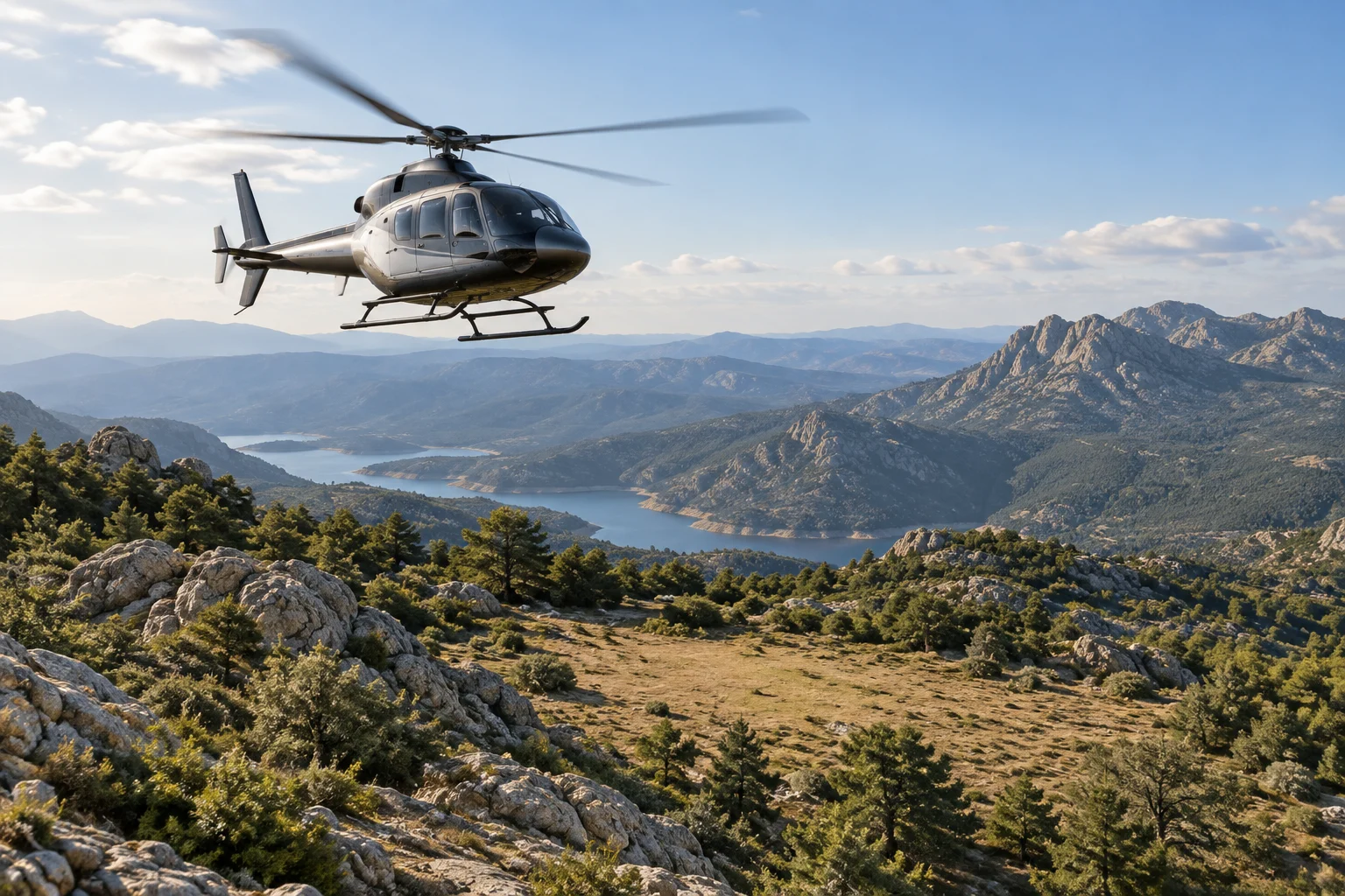 Helicóptero volando sobre una zona montañosa sin pista cercana