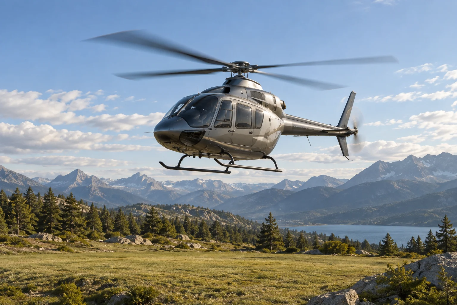 Helicóptero en estacionario sobre un claro rodeado de vegetación