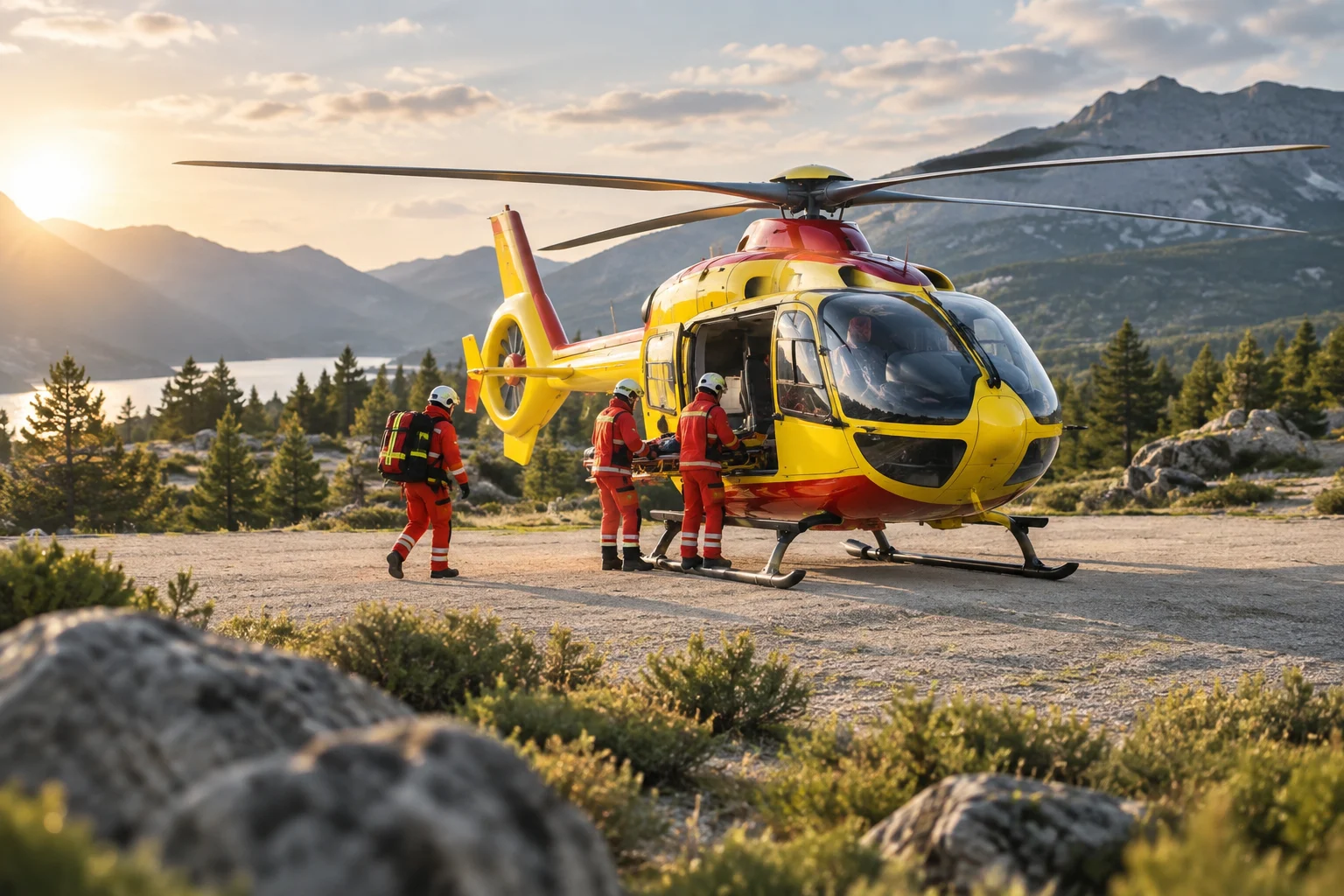 Helicóptero de emergencias cerca de una zona natural despejada