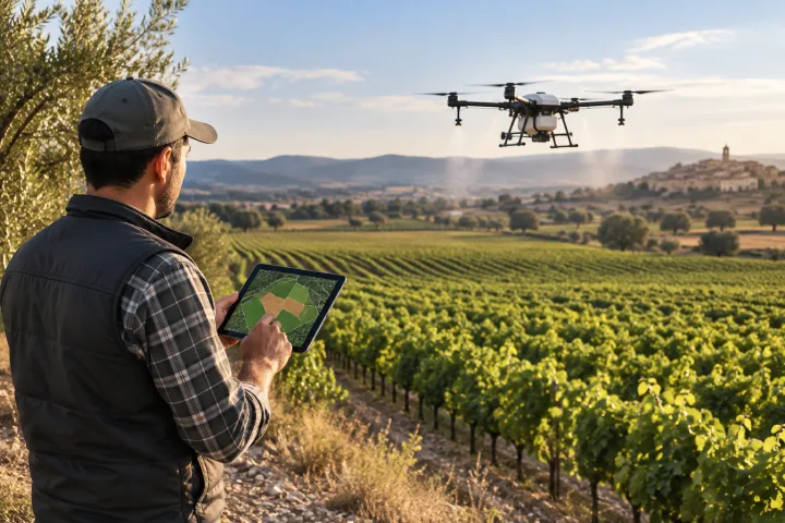 Dron sobre una parcela agrícola mientras una persona consulta un mapa de cultivo en una tableta