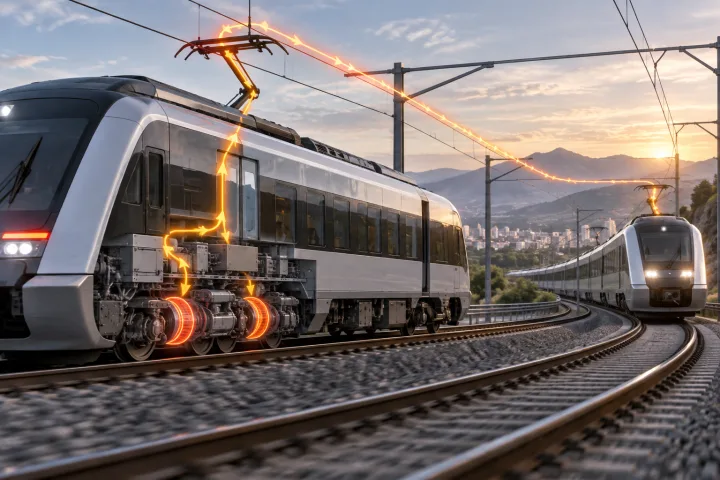 Tren eléctrico frenando bajo una catenaria, con un esquema visual de flujo eléctrico hacia la infraestructura ferroviaria