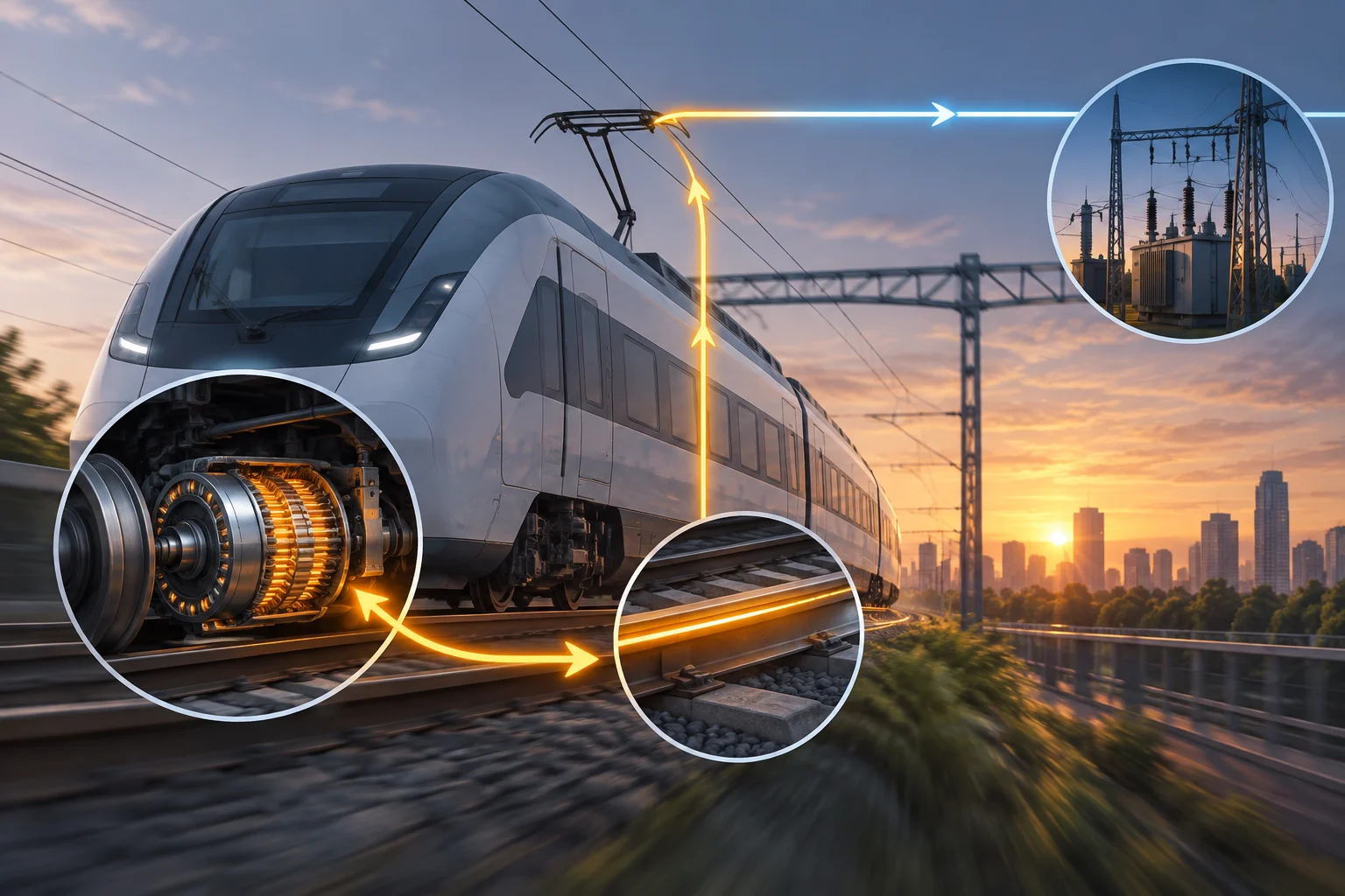 Esquema de un tren eléctrico que genera energía al frenar y la dirige hacia la infraestructura ferroviaria