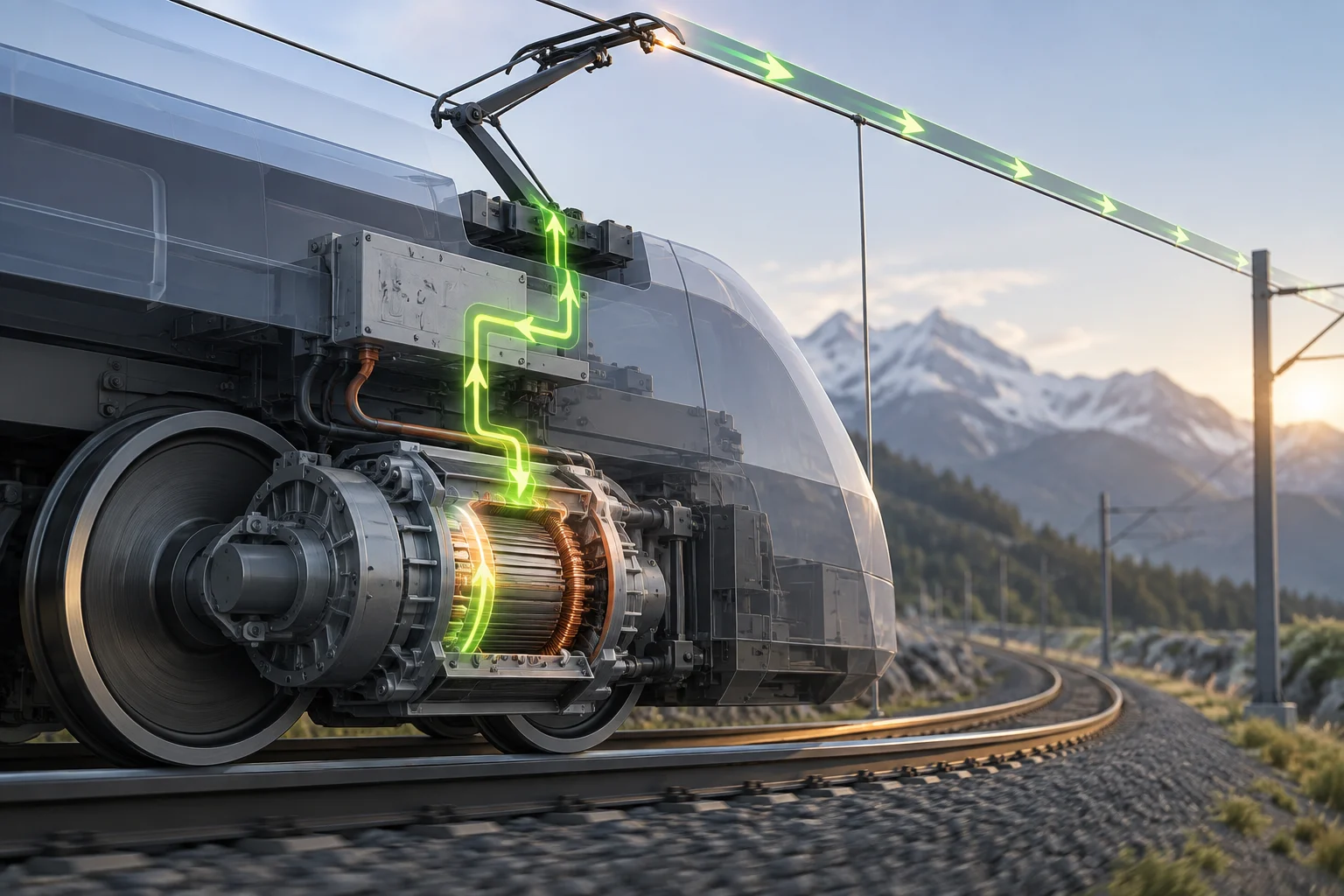 Motor de tracción de un tren eléctrico conectado a la catenaria durante una frenada regenerativa