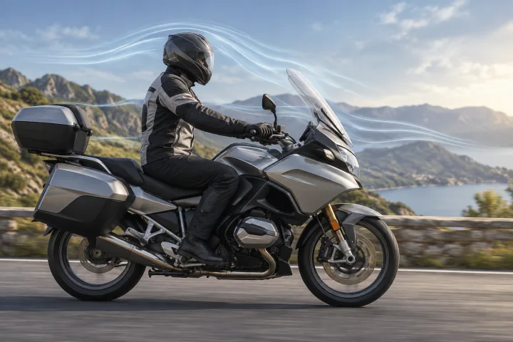 Motorista sentado en una moto touring, observado de perfil, con el flujo de aire representado alrededor de la pantalla y el casco