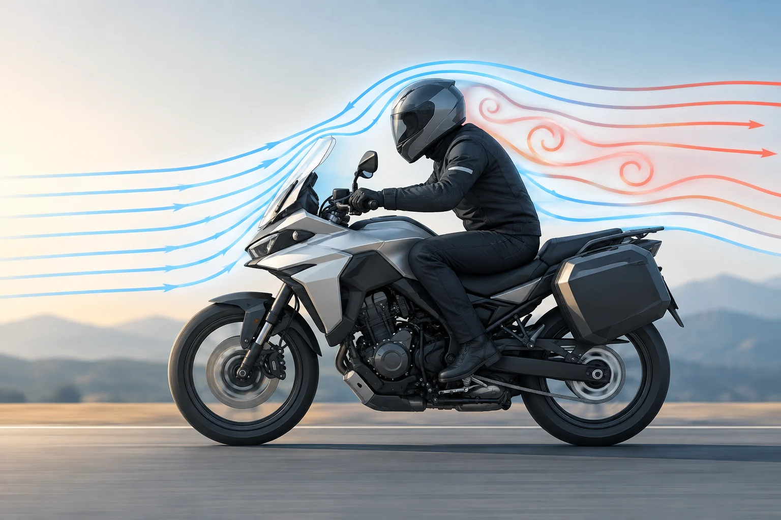 Vista de perfil de una moto con el motorista y el aire rodeando la pantalla y el casco