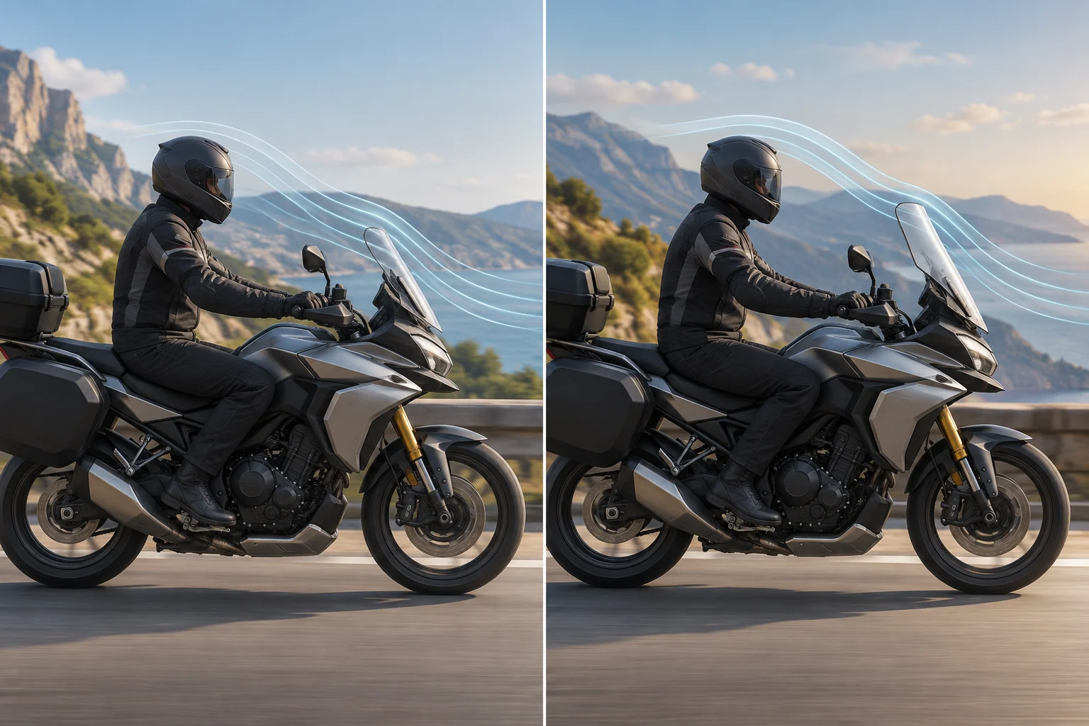 Dos configuraciones de una moto genérica, una con pantalla más alta y otra con pantalla más baja