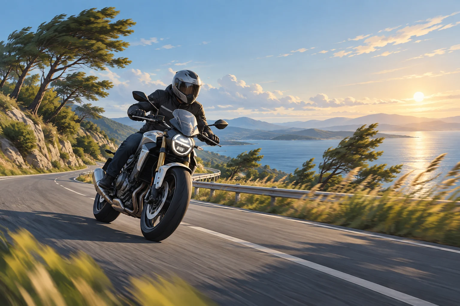 Moto en una carretera abierta con árboles inclinados por el viento