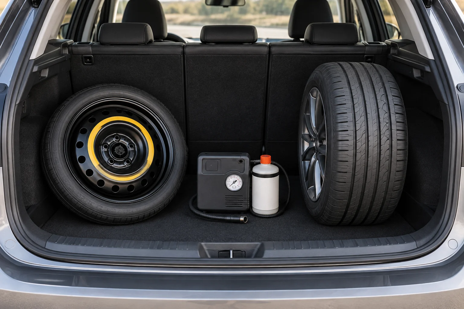 Maletero de un coche con una rueda compacta, un kit antipinchazos y un neumático runflat representados como opciones distintas