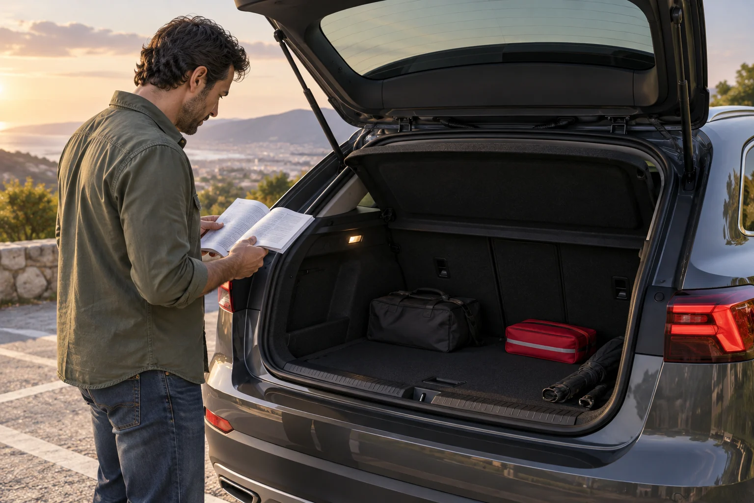 Comprador revisando el maletero y el manual de un coche antes de decidir su equipamiento antipinchazos