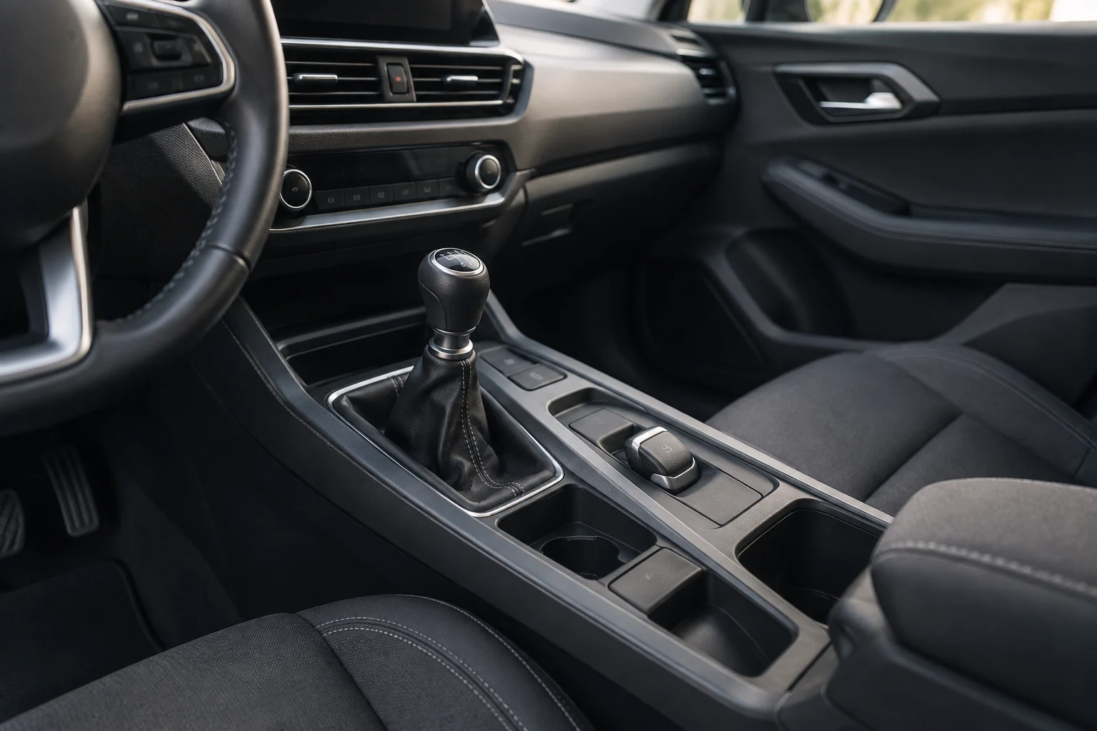 Consola de un coche usado con una palanca de freno y un interruptor eléctrico representados como alternativas.