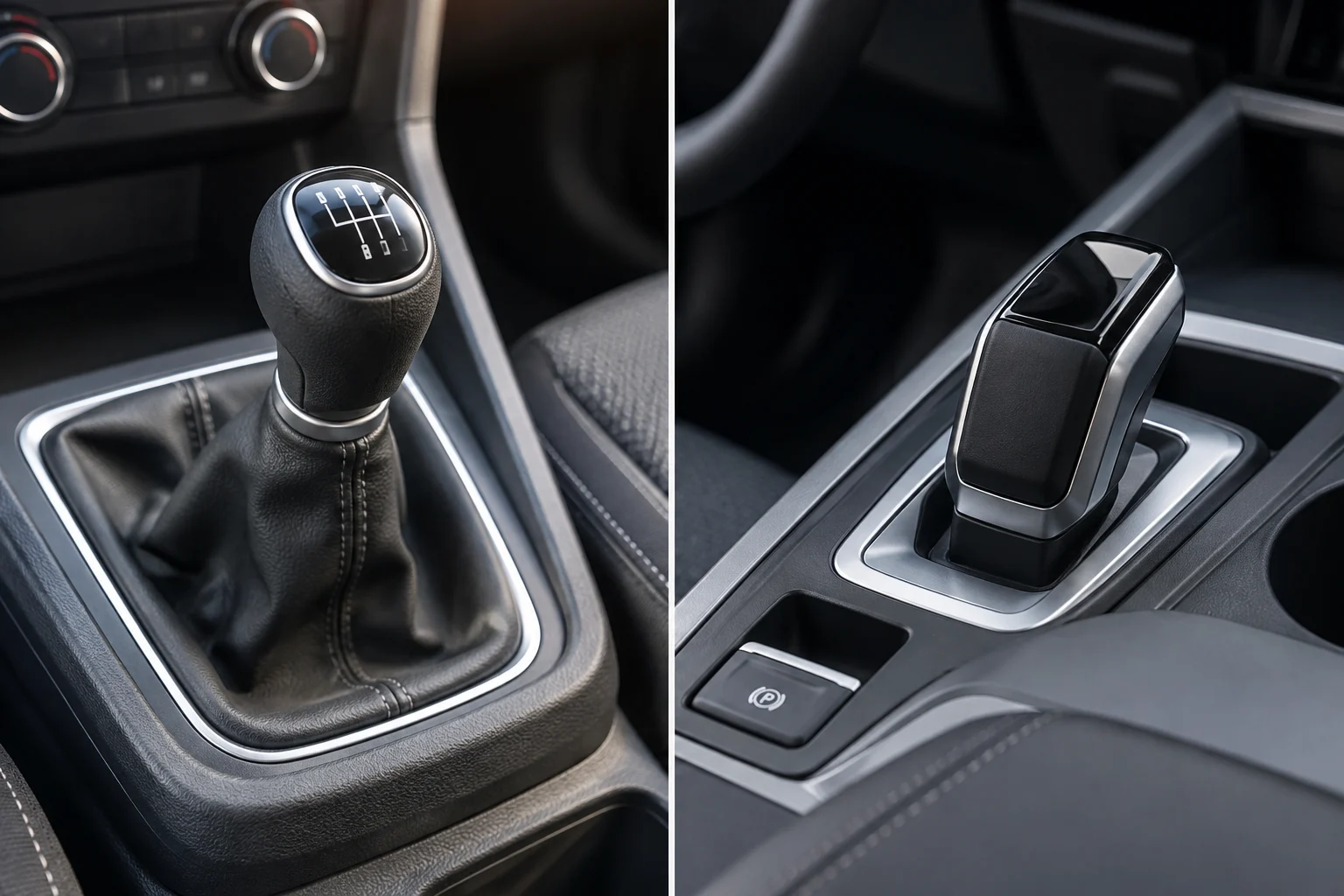 Palanca mecánica e interruptor eléctrico mostrados en una consola de coche para comparar sus mandos.