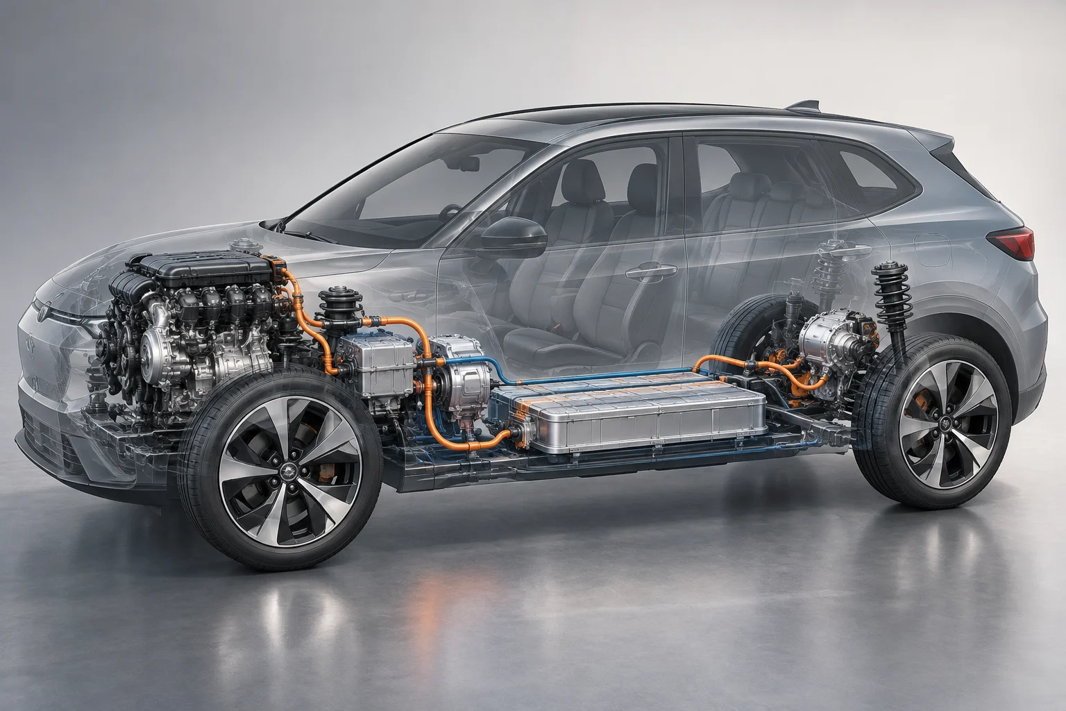 Esquema conceptual de un coche híbrido con motor térmico, motor eléctrico y ruedas conectados por distintas vías.