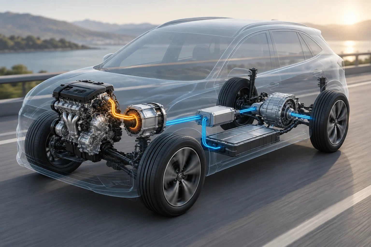 Diagrama de un híbrido en serie donde el motor eléctrico impulsa las ruedas y el térmico acciona un generador.
