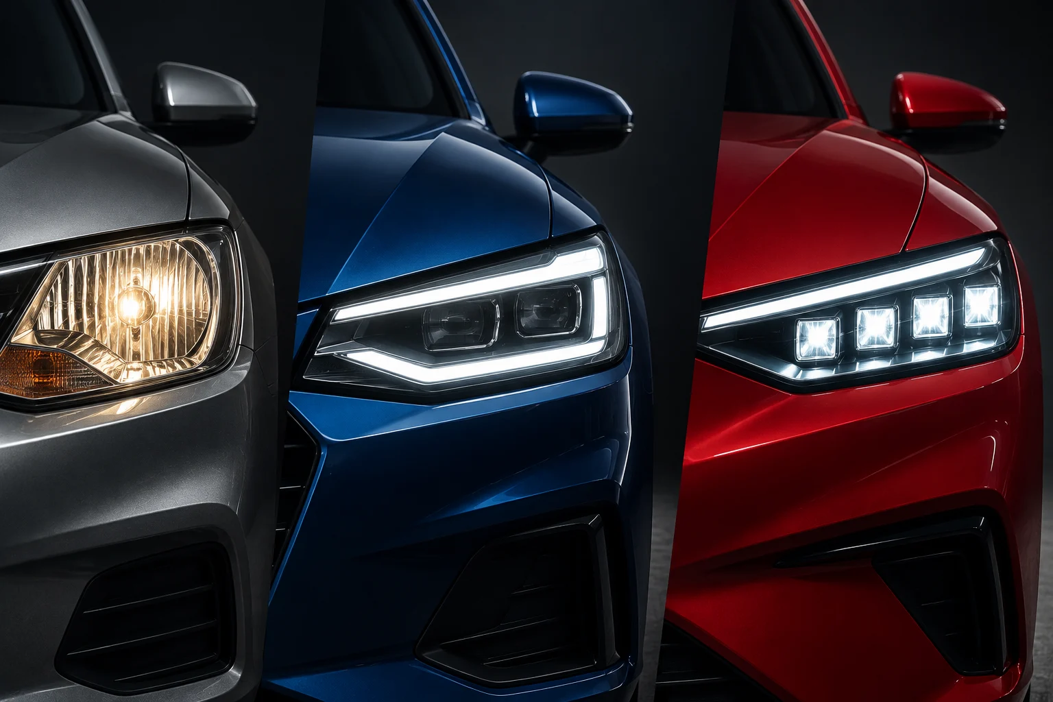 Ilustración de tres faros de automóvil con tecnologías de iluminación distintas, sobre fondo neutro