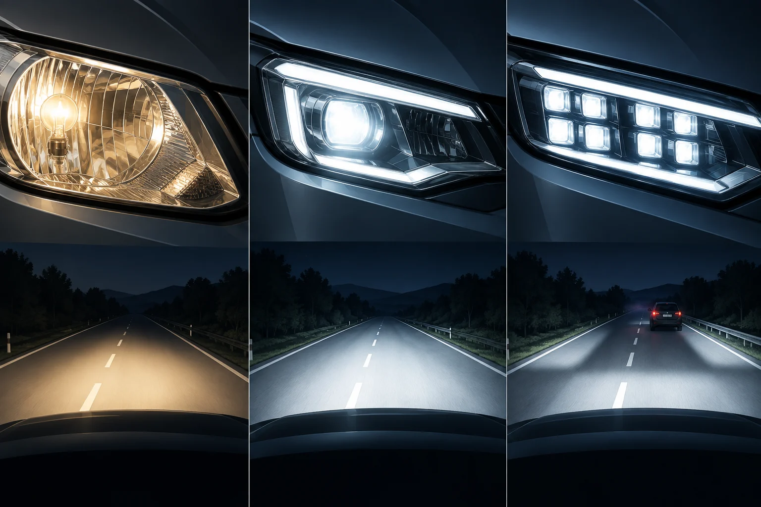 Tres conjuntos ópticos esquemáticos que representan fuentes de filamento, LED y segmentos Matrix LED