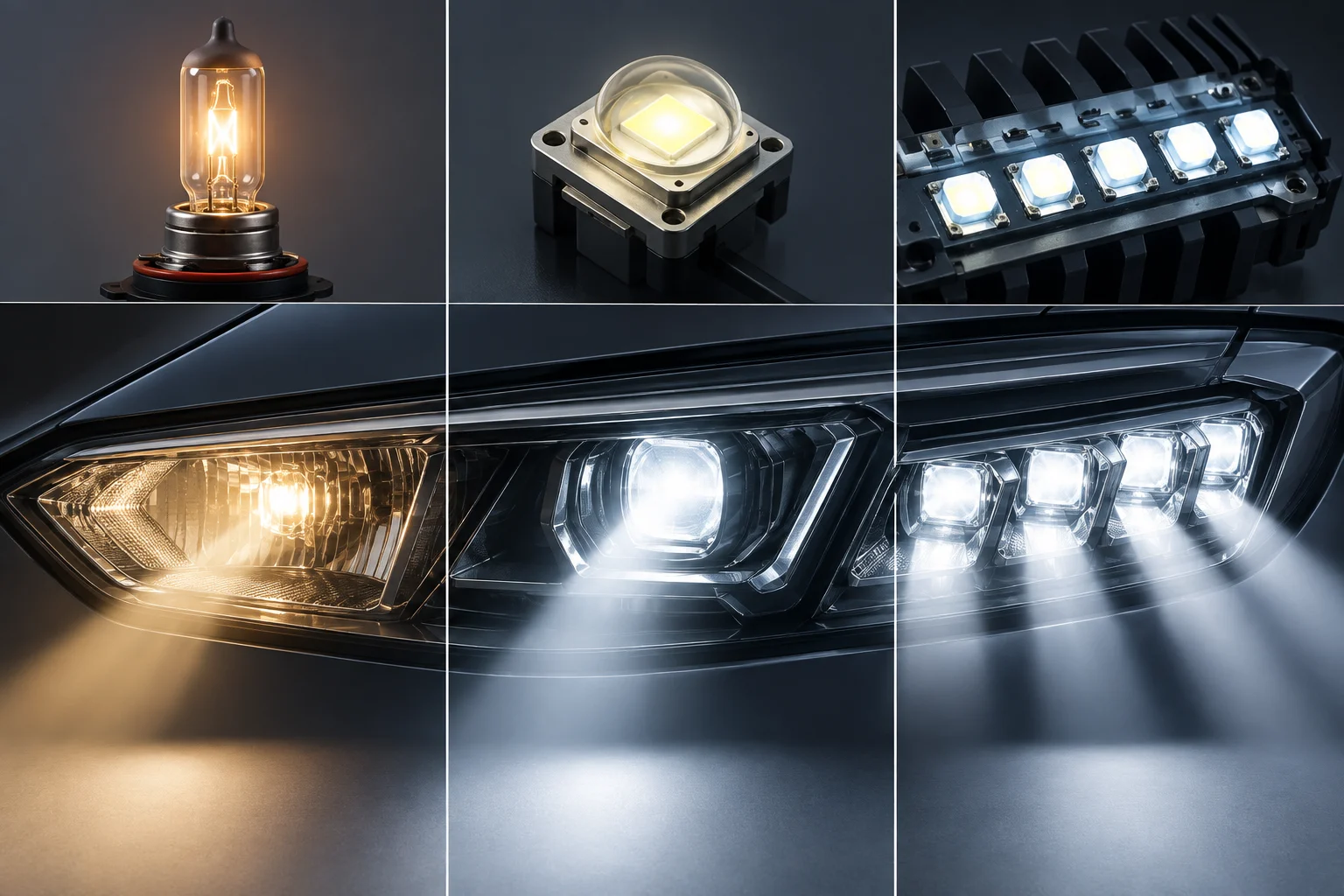 Detalle ilustrado de una fuente de filamento, un LED y varios segmentos LED independientes