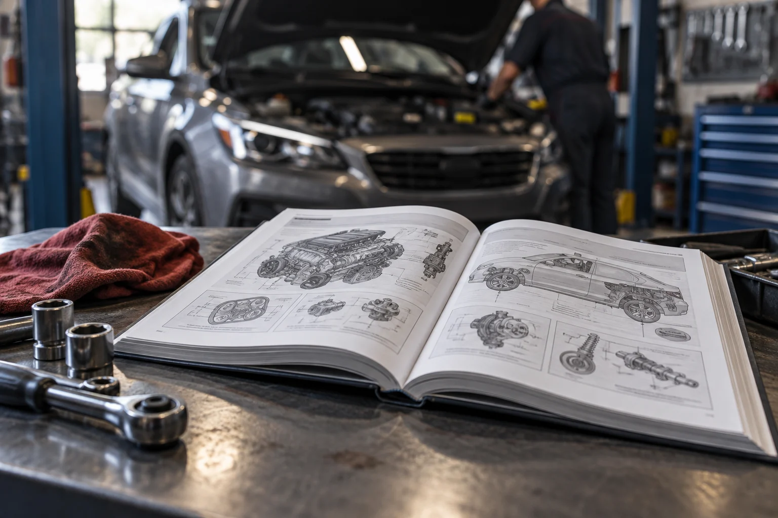 Manual del propietario abierto en un taller junto a un coche.