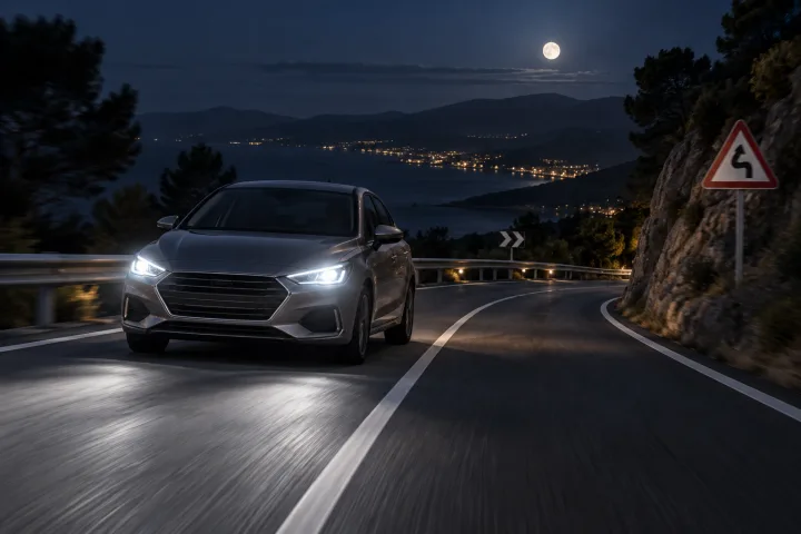 Coche circulando de noche por una carretera, con los faros iluminando la calzada