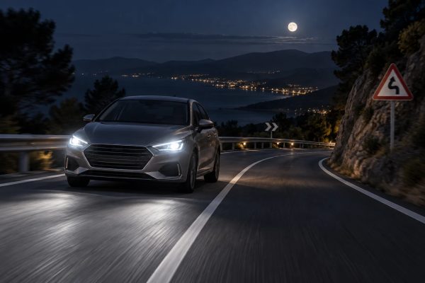 Coche circulando de noche por una carretera, con los faros iluminando la calzada