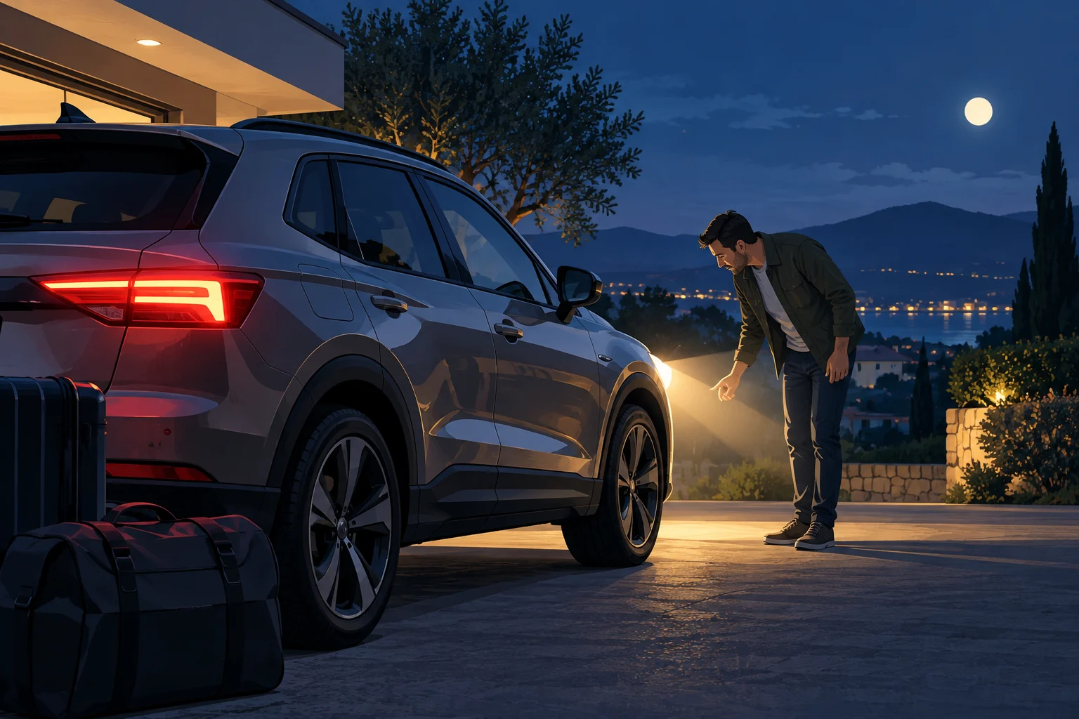 Comprobación de las luces de un coche estacionado antes de salir de noche