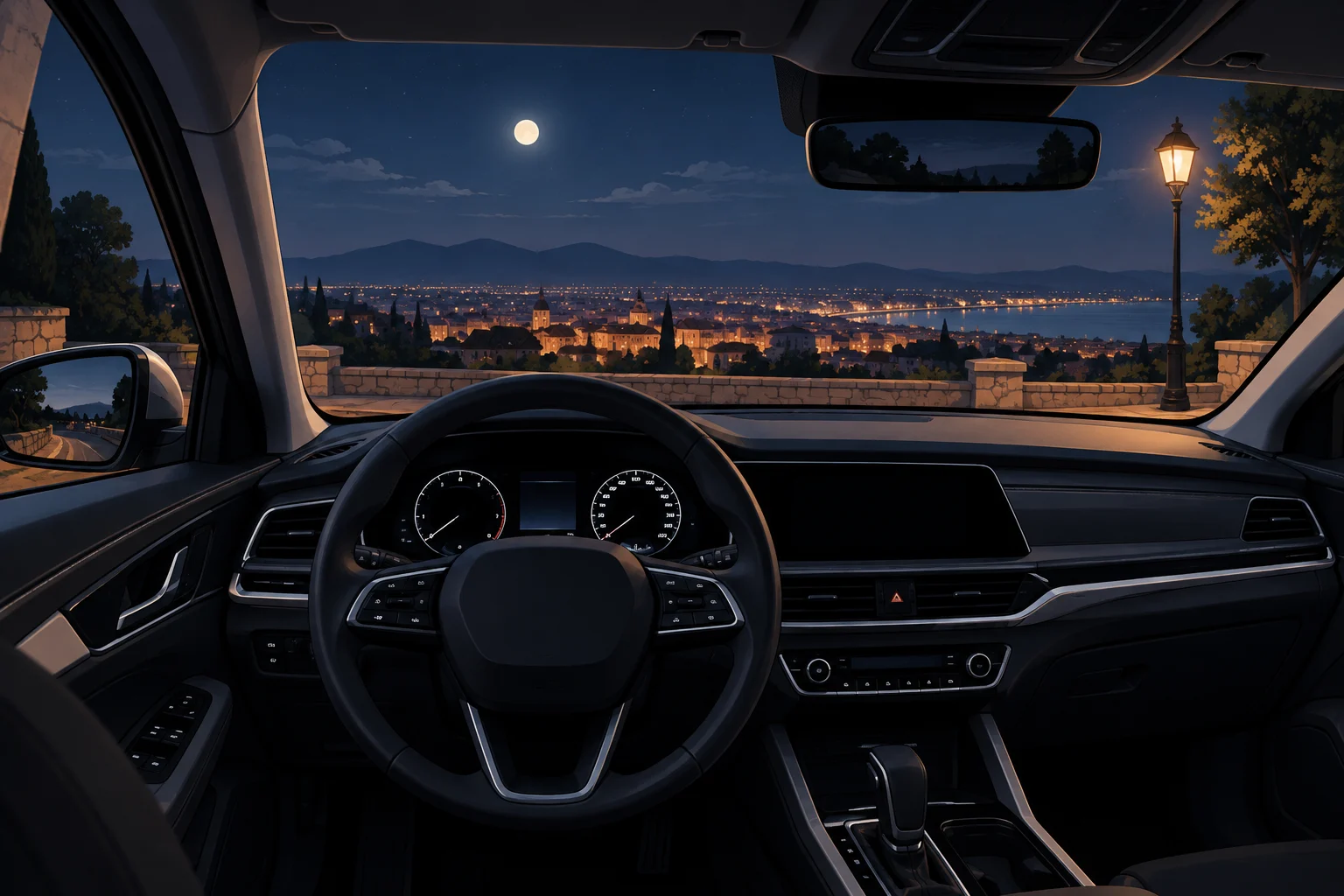 Parabrisas limpio y retrovisores de un coche en una escena nocturna