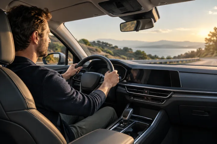 Conductor sentado al volante de un coche moderno, visto desde el asiento del acompañante