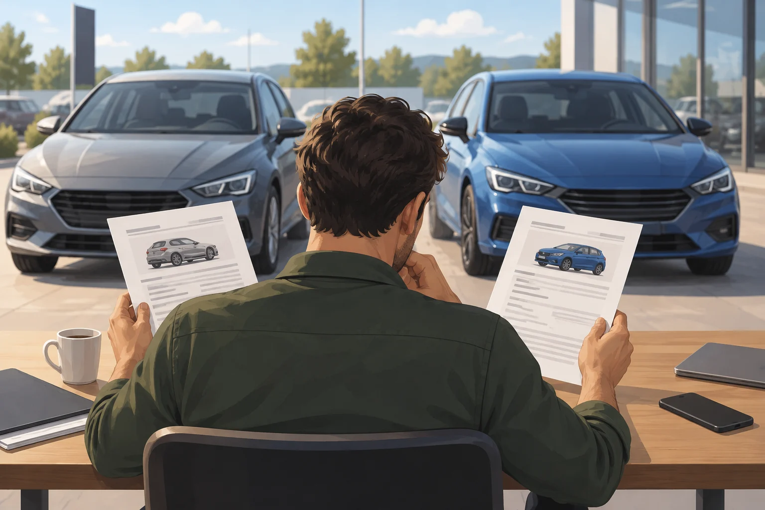Persona compara la documentación de dos coches genéricos