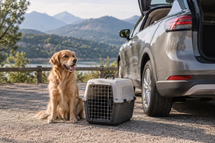 Una mascota junto a un transportín y un coche estacionado, sin mostrar cómo se coloca el sistema de sujeción