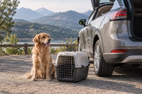Una mascota junto a un transportín y un coche estacionado, sin mostrar cómo se coloca el sistema de sujeción