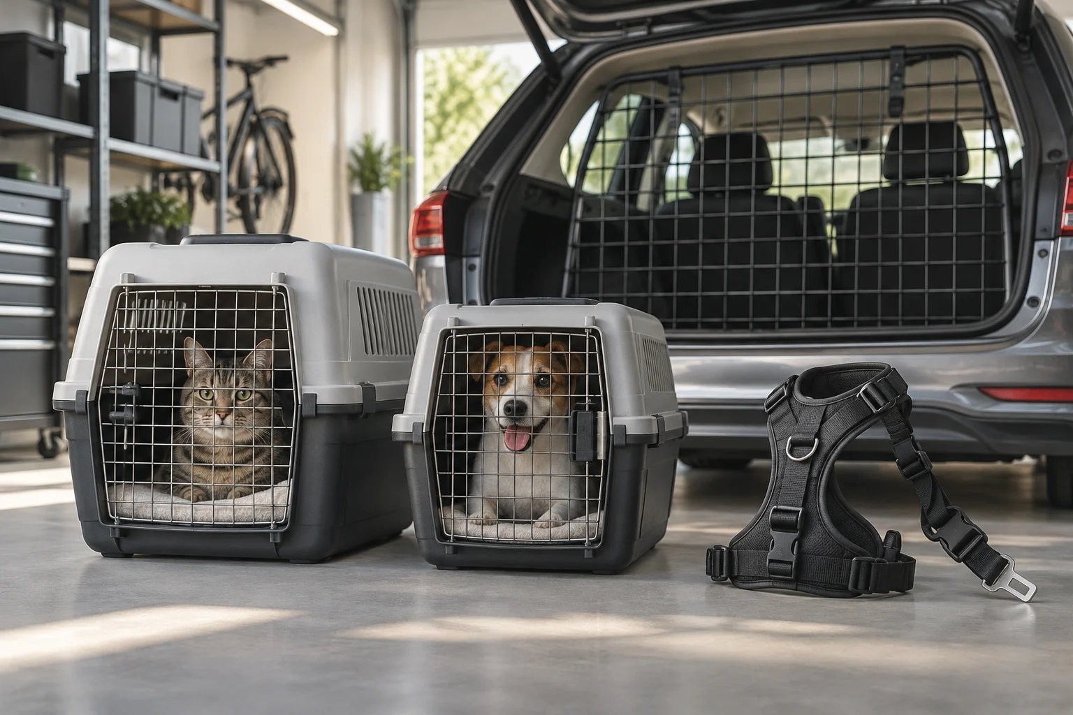 Transportín, arnés y rejilla divisoria preparados para un viaje en coche con mascotas