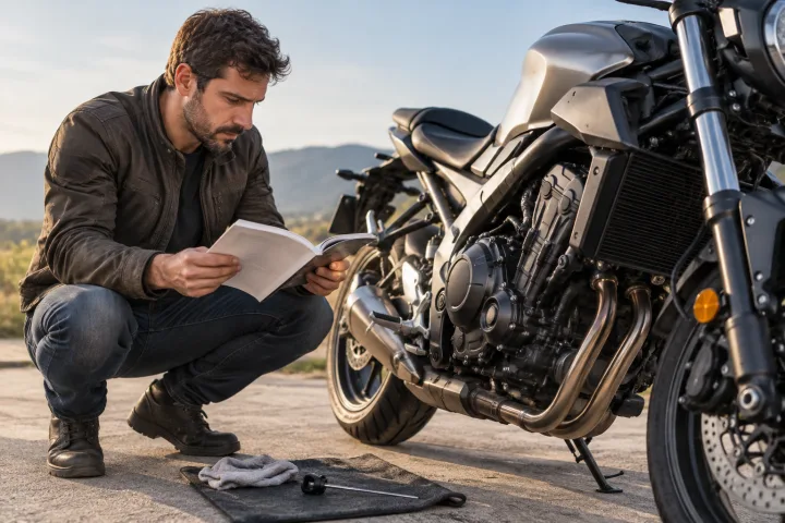 Una persona consulta el manual de una motocicleta estacionada en un espacio despejado.