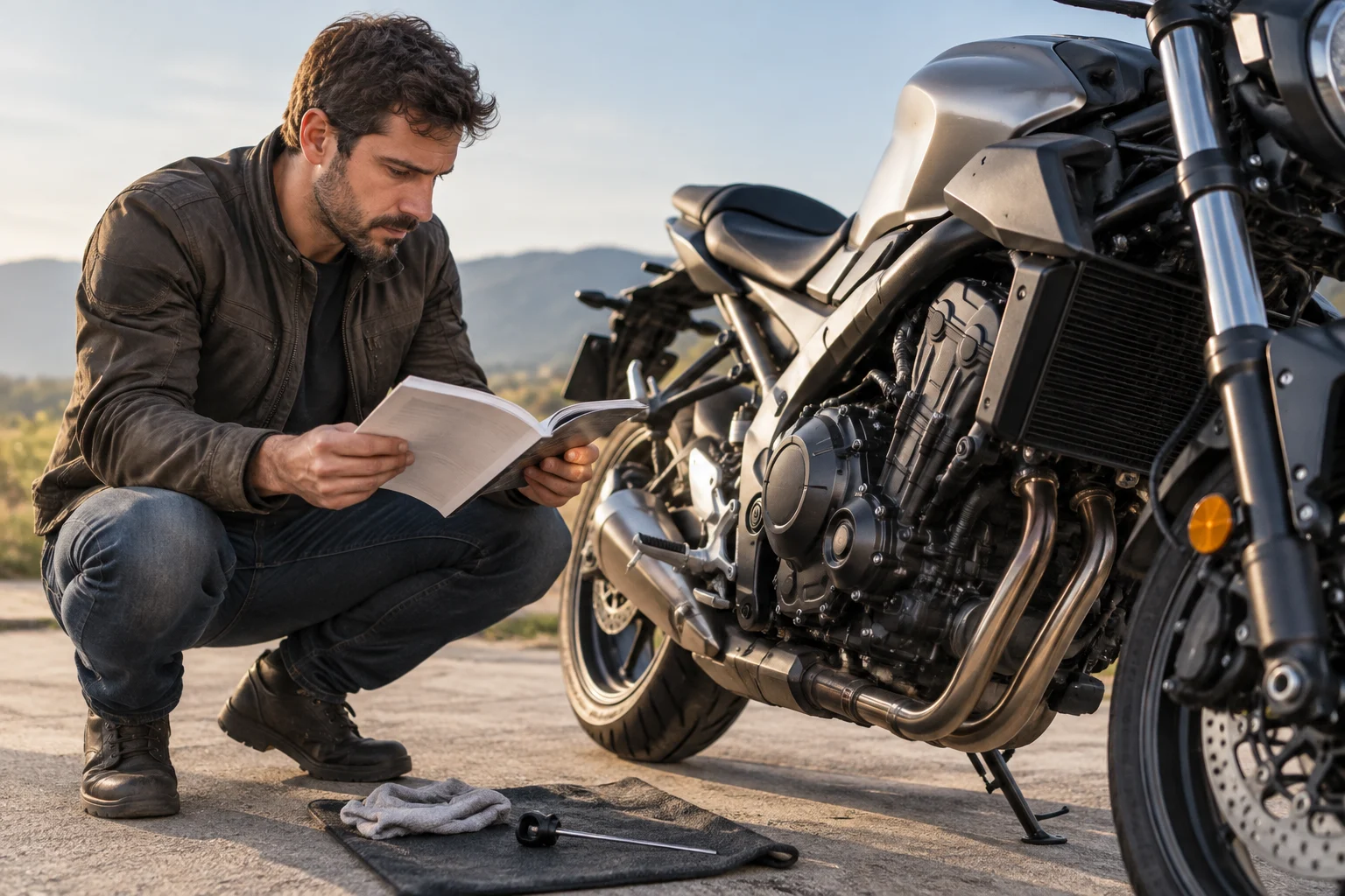 Una persona consulta el manual de una motocicleta estacionada en un espacio despejado.