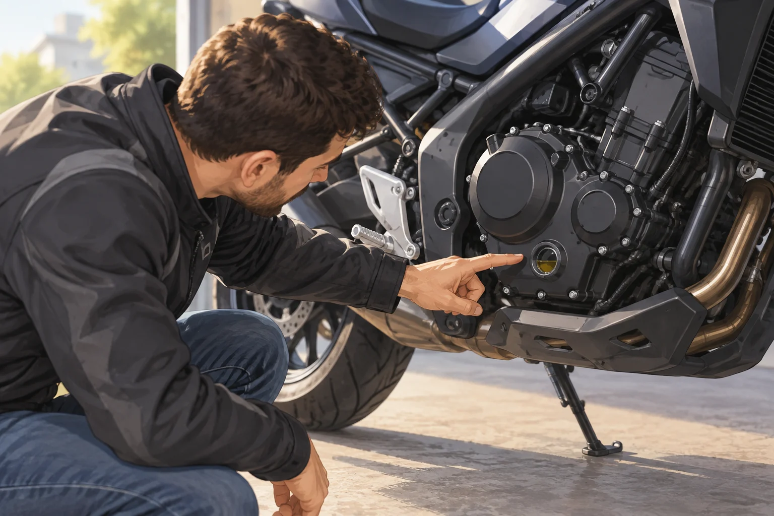 Una persona observa la mirilla del aceite de una motocicleta.