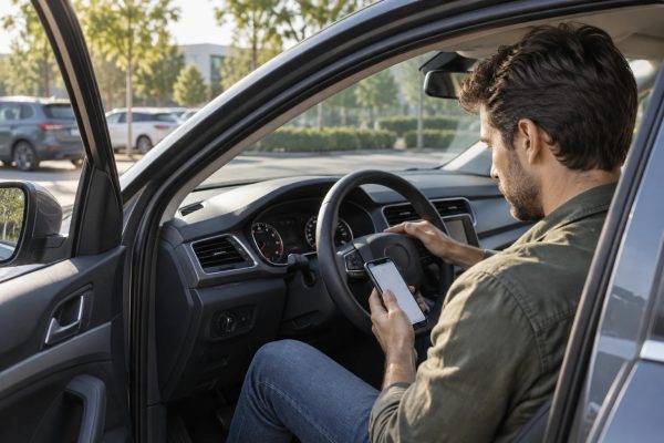 Conductora con el coche estacionado anota en el móvil un aviso del cuadro para explicarlo al taller.