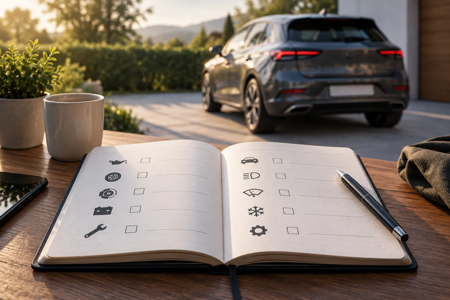 Cuaderno preparado para registrar episodios de una avería junto a un coche estacionado.