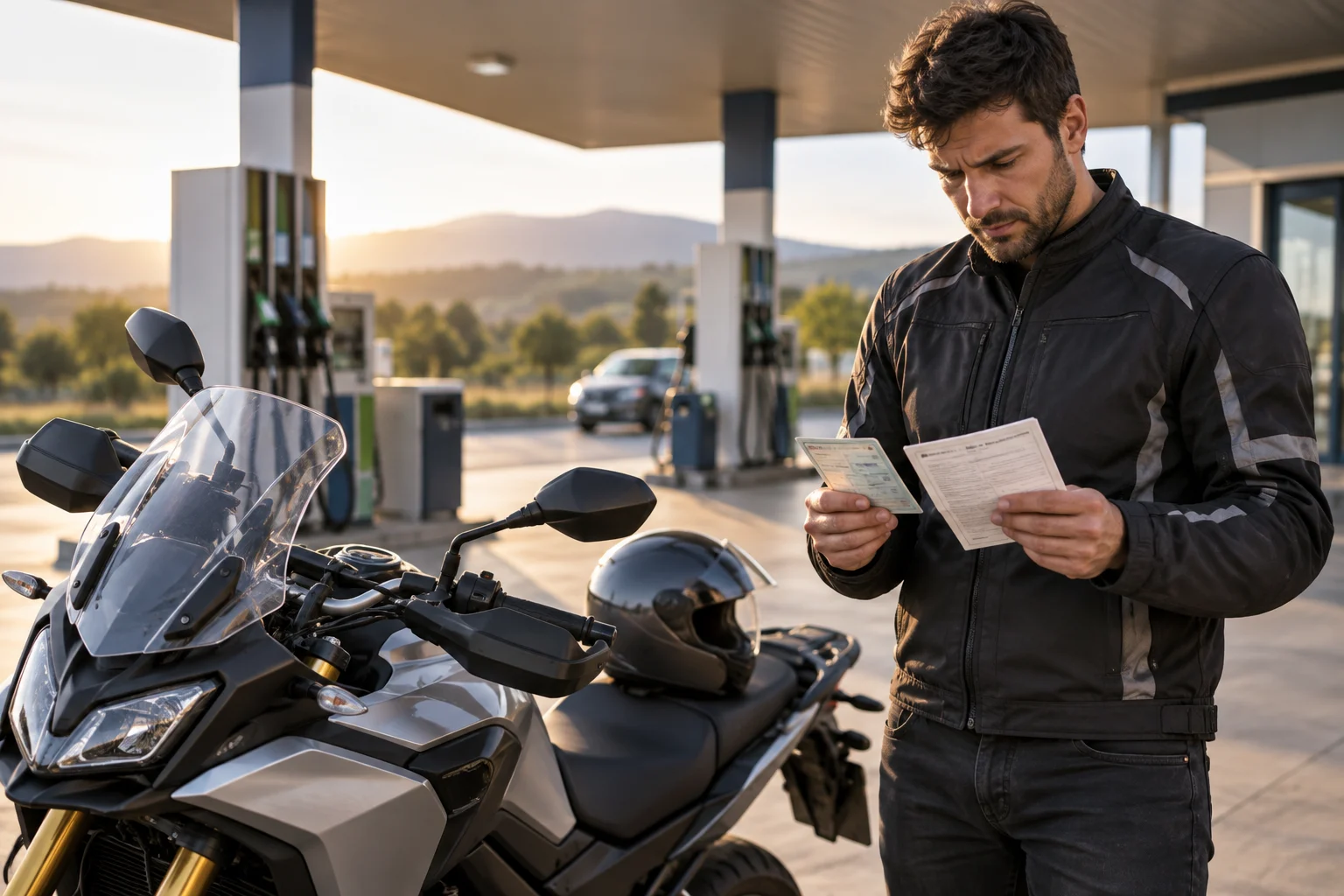 Motorista revisando documentación de una motocicleta junto a una estación de servicio
