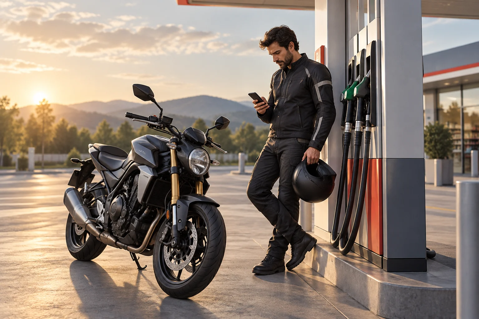 Persona consultando información junto a una motocicleta en una estación de servicio