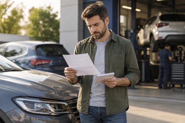 Propietaria compara un presupuesto de reparación con los costes de cambiar de coche junto a su vehículo.