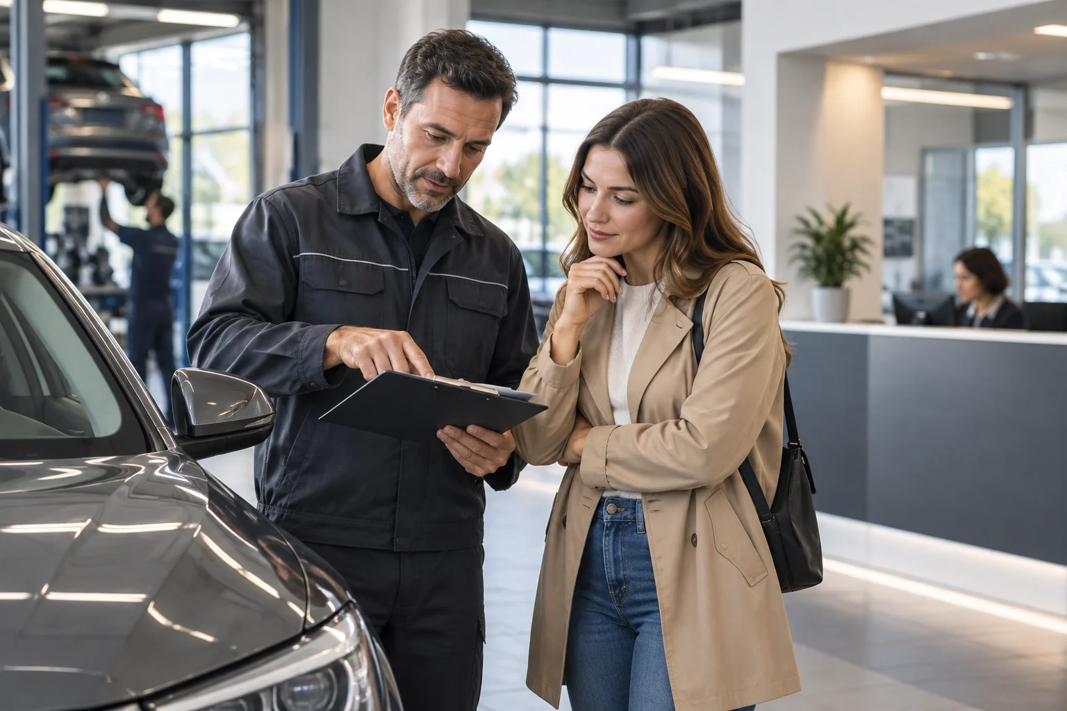 Cliente revisa un presupuesto de reparación junto a un coche.