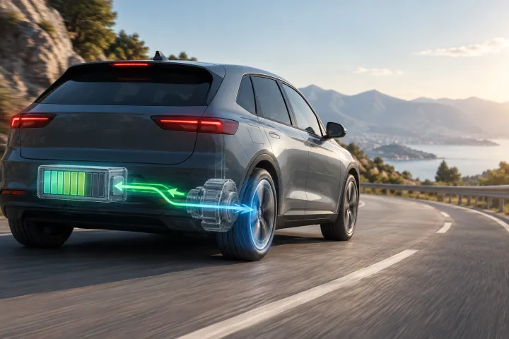 Coche eléctrico desacelerando en una carretera mientras un gráfico sencillo representa la energía que vuelve a la batería